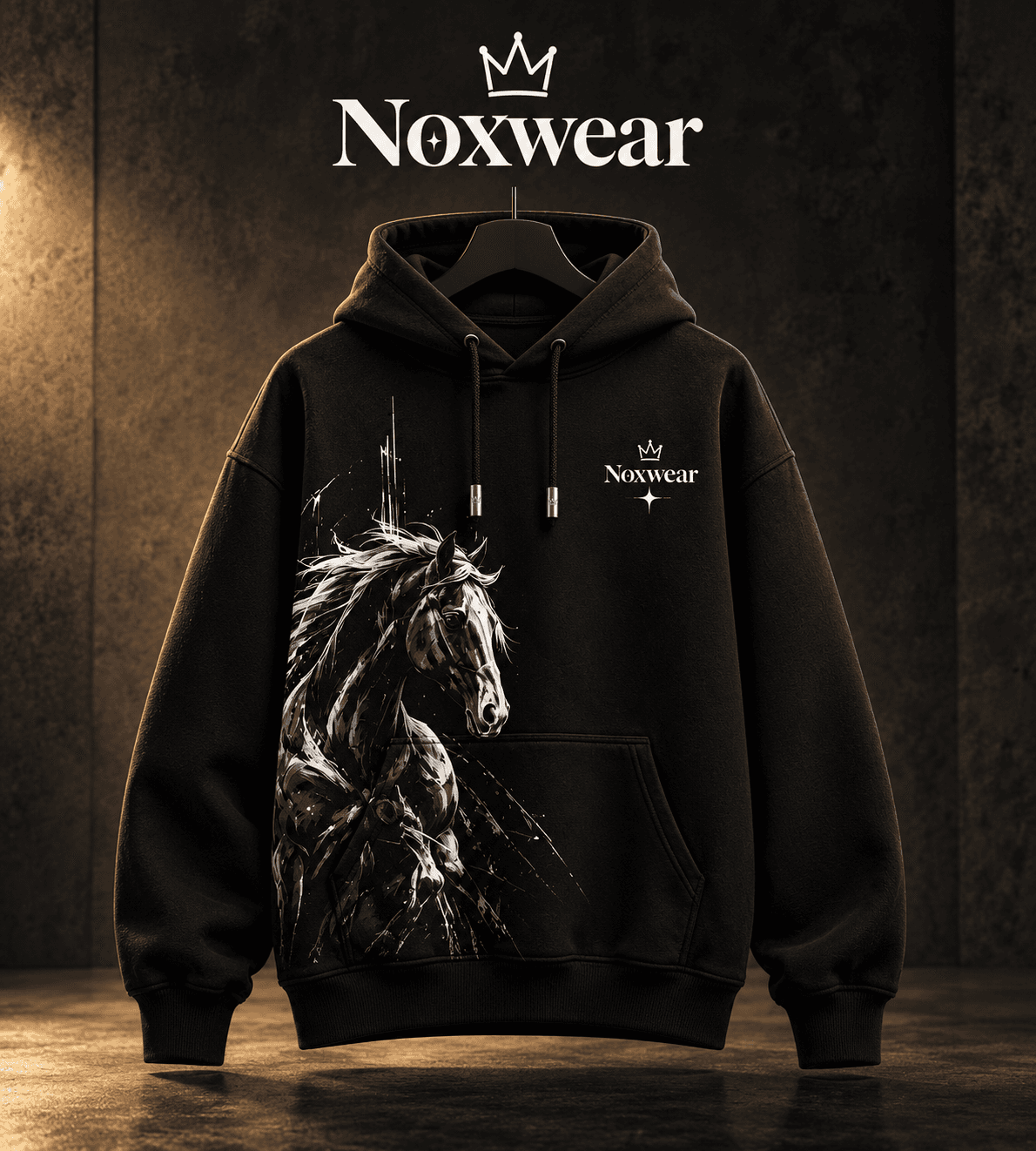 هودي الحصان الأسود بلوغو واسم NOXwear